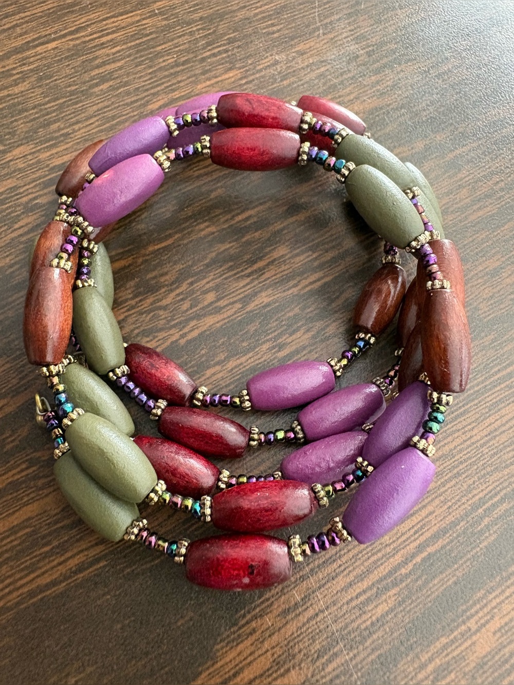 Multicolor Wooden Bead Coil Bracelet - Purple, Olive, Red